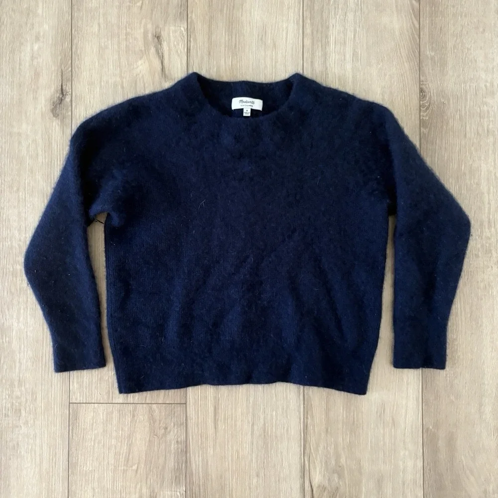 Madewell Cashmere Pullover Sweater Medium Blue Solid Long Sleeve Knit Top SHRUNK